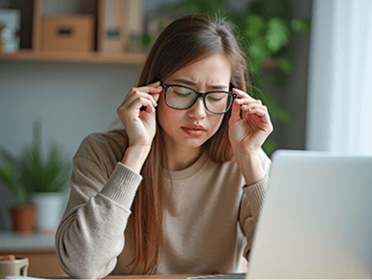 Woman with eye strain removing glasses while working at laptop