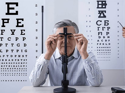 Senior man undergoing clinical visual acuity testing