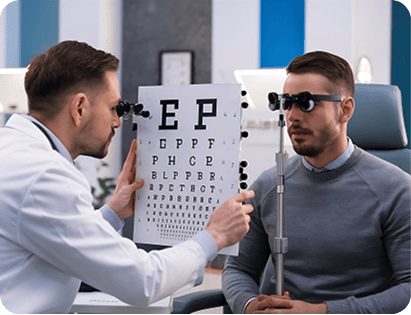 Optometrist conducting personalized vision test with adult patient